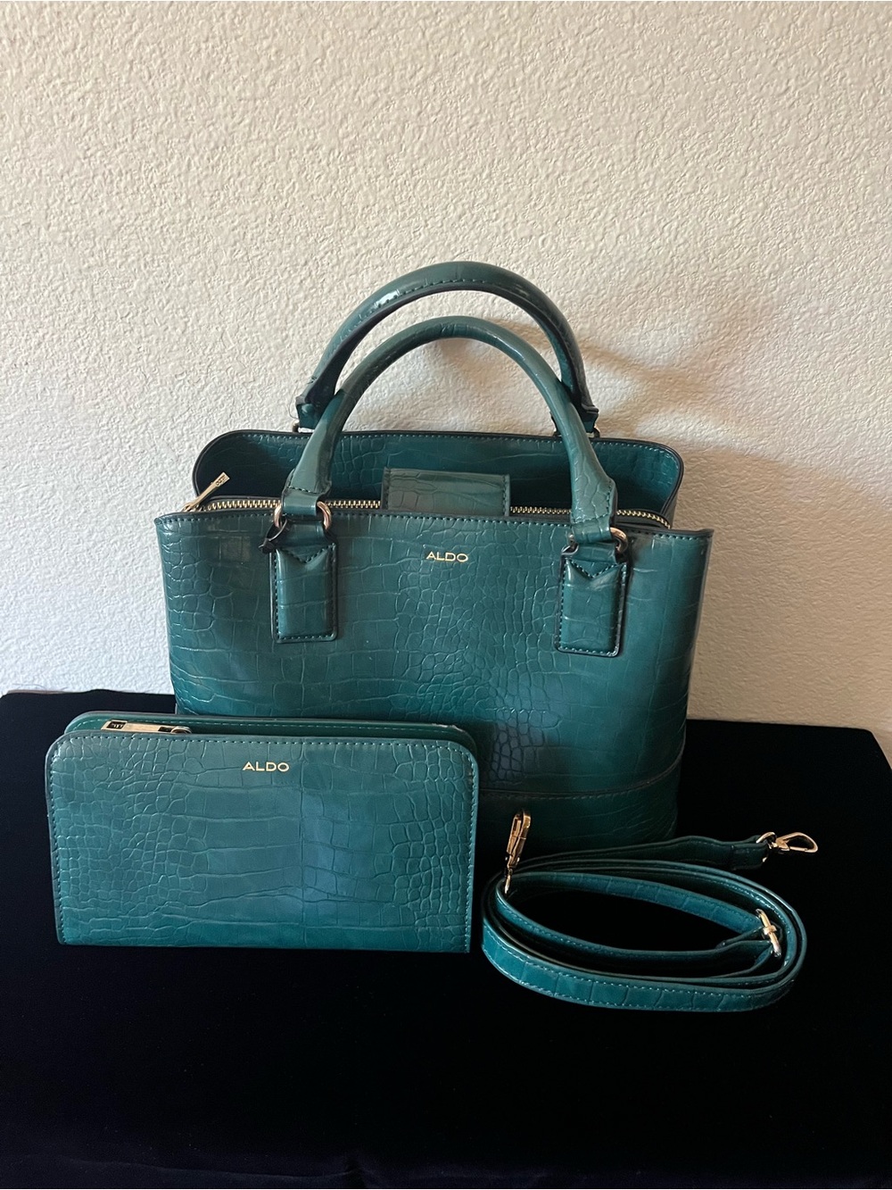 ALDO Teal Croc-Embossed Satchel Set with Wallet and Strap